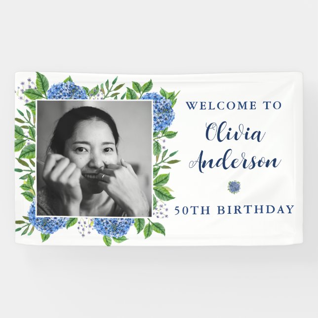 Lona Elegante Hydrangea Personalizado Foto 50 cumpleaño (Horizontal)