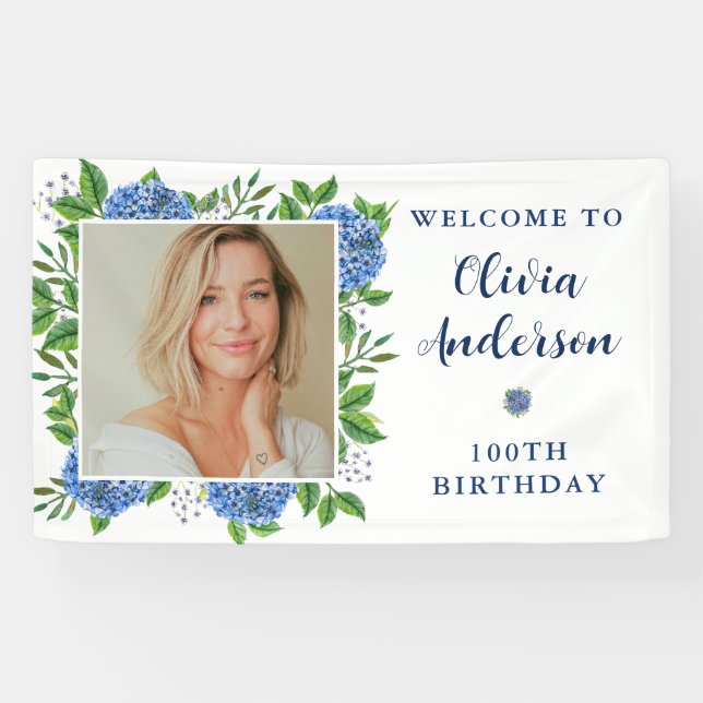 Lona Elegante Hydrangea Photo 100th Birthday Party (Horizontal)