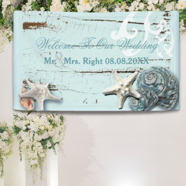 Lona Elegante madera BLue Seashells Beach Wedding