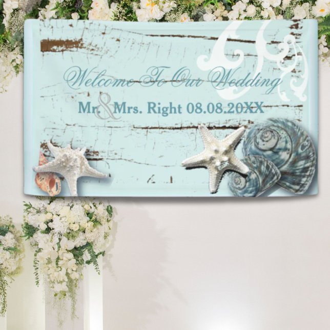 Lona Elegante madera BLue Seashells Beach Wedding (Elegant wood BLue Seashells Beach Wedding Banner)
