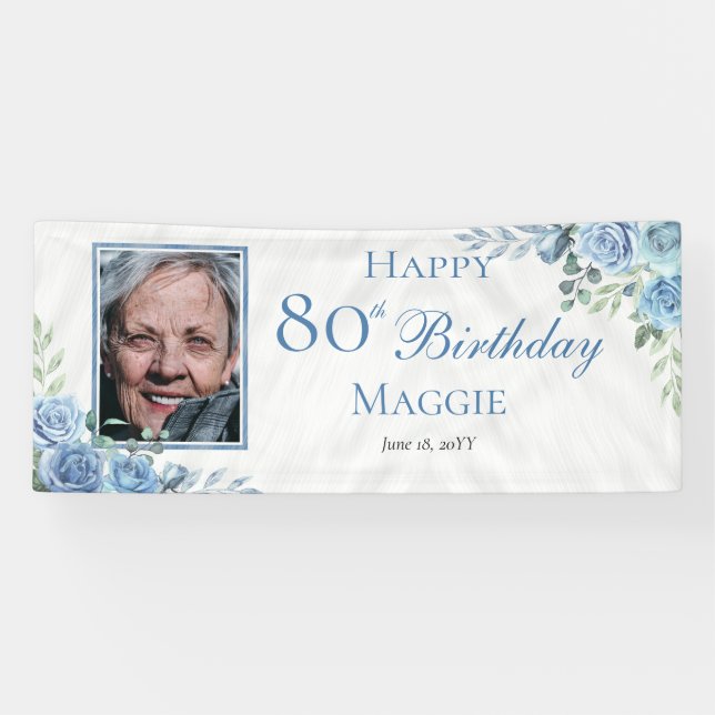 Lona Elegante marco floral azul Rosa 80º cumpleaños (Horizontal)