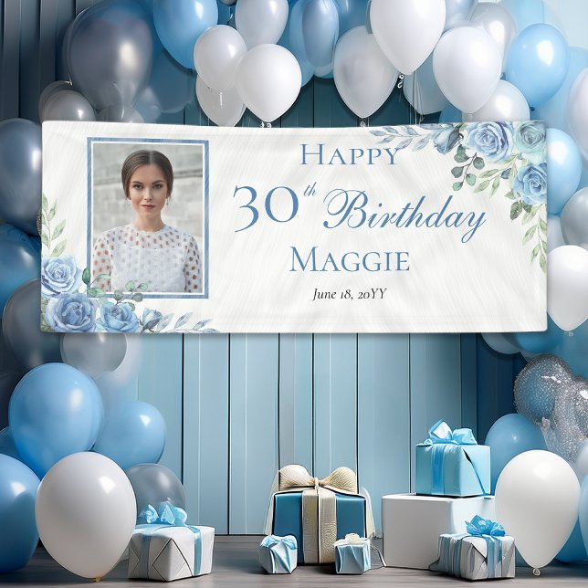 Lona Elegante marco floral Rosa azul 30 Fiesta de cumpl (Elegant Blue Rose Floral Photo Frame 30th Birthday Party Horizontal Banner)