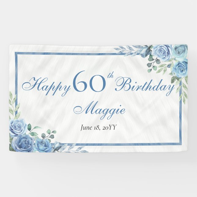Lona Elegante marco floral Rosa azul 60 cumpleaños (Horizontal)