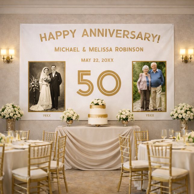 Lona Elegante Marfil y el Oro 50 Aniversario Boda (Luxury banquet setting with round tables and gold chairs showcasing a 50th anniversary banner)