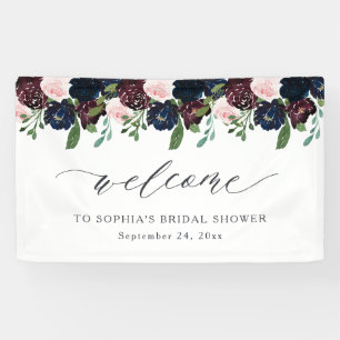 Lona Elegante Marina Floral Azul y Ciruela   Bienvenida