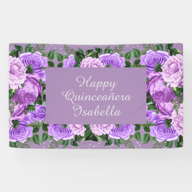 Lona Elegante Morado Floral Feliz Quinceañera (Horizontal)