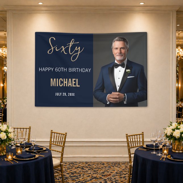 Lona Elegante Navy Dorado Cumpleaños 60 (Elegant navy and gold 60th birthday banner with photo for a classy and memorable celebration.)