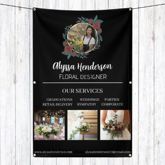 Lona Elegante negocio de floristería en blanco y negro