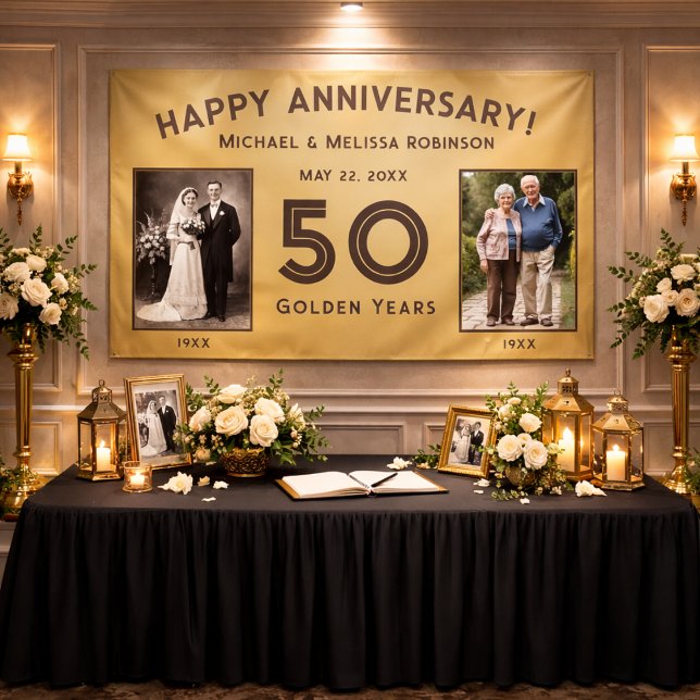 Lona Elegante Oro 50 Aniversario de Boda (Banner displayed in an intimate restaurant setting.)