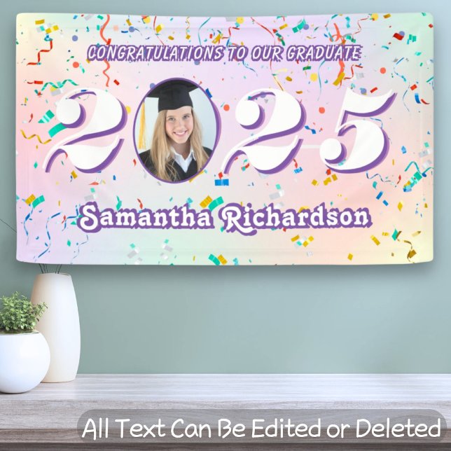 Lona Elegante Pastel Clase de 2025 Confetti Name Photo (Subido por el creador)