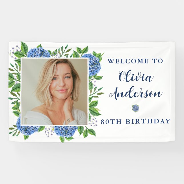 Lona Elegante Personalizado de Hydrangea Foto 80 cumple (Horizontal)