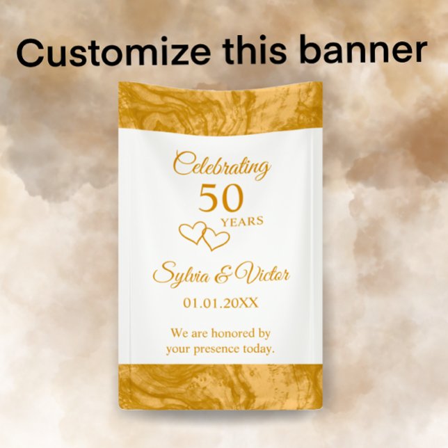 Lona Elegante Personalizado simple oro 50 años Fiesta (Customize this simple elegant golden script 50th anniversary party banner with couple’s names.)