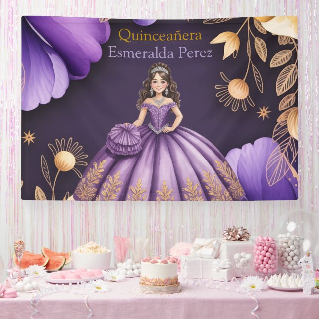 Lona Elegante Purple Quinceañera Chica Art Bienvenida (Fiesta)