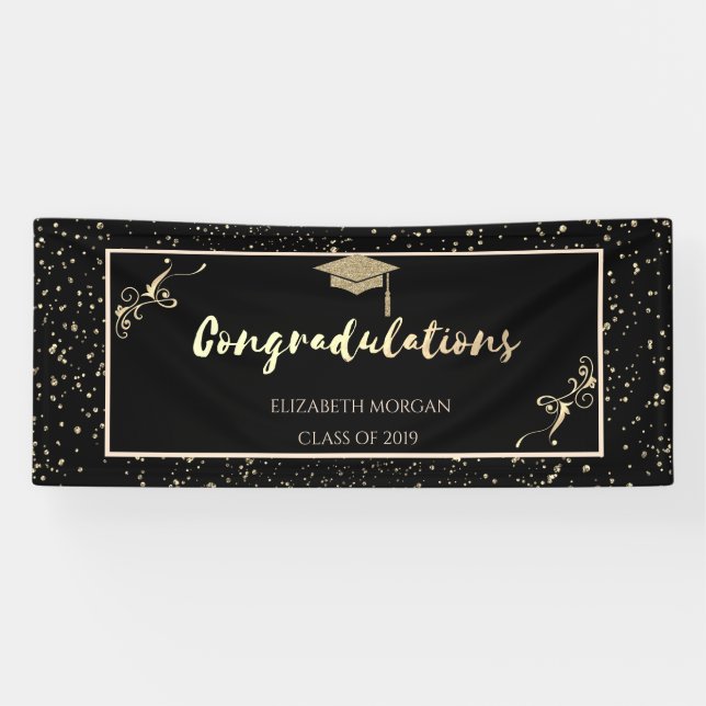 Lona Elegante Purpurina de Oro Graduado Cap, Confetti (Horizontal)