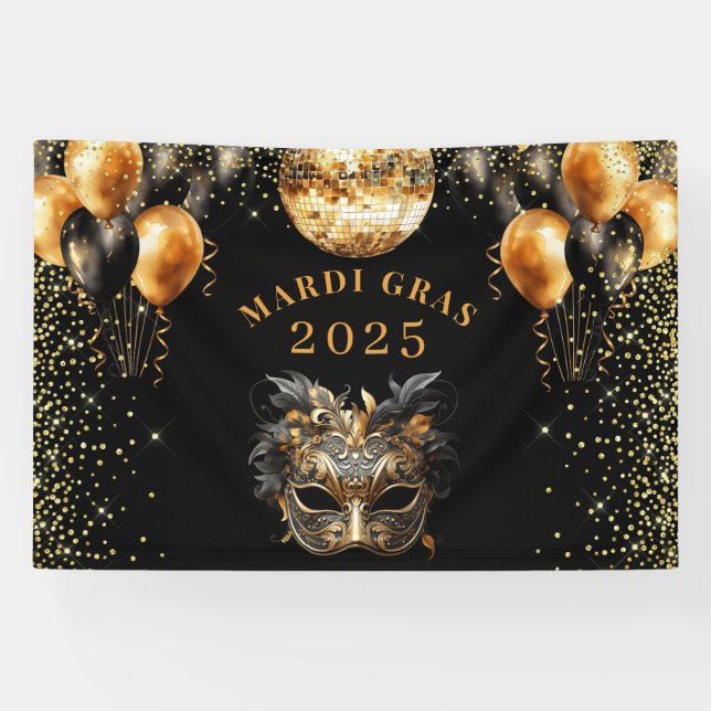 Lona Elegante Purpurina de oro negro Mardi Gras 2025 (Horizontal)