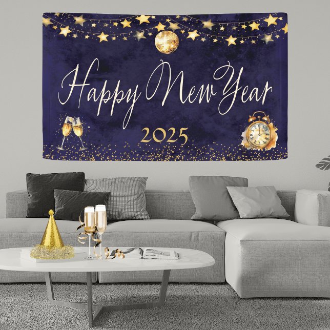 Lona Elegante Purpurina Oro Feliz Año Nuevo Fiesta (Elegant New Year’s Banner – Watercolor Blue & Gold with Disco Ball, Stars & Champagne Glasses)