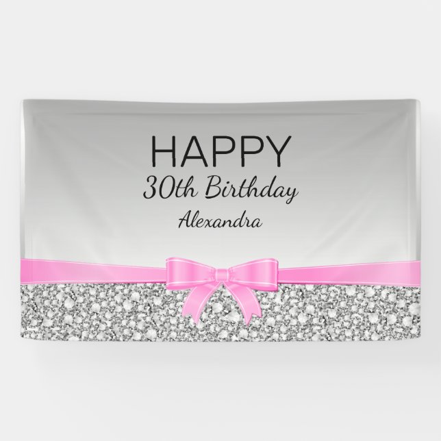 Lona Elegante Purpurina Y Cinta Rosa Cumpleaños (Horizontal)