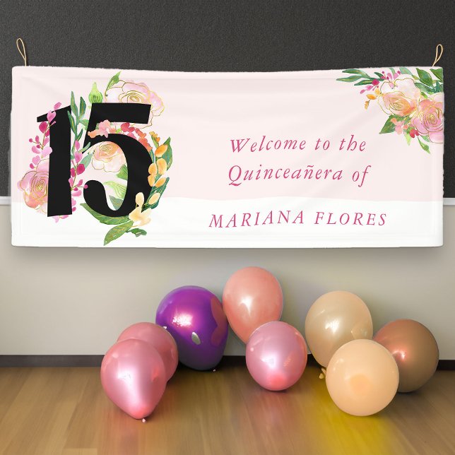 Lona Elegante Quinceanera Rubor Floral rosa número 15 (15th Birthday Welcome Banner from my Floral Chic Quinceanera Collection
)