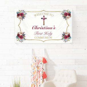 Lona Elegante Rosa Floral Oro Primera Santa Comunión