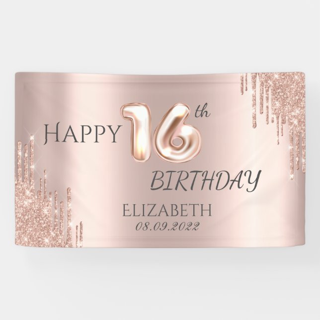 Lona Elegante Rosa Purpurina de Oro Drips 16 cumpleaños (Horizontal)