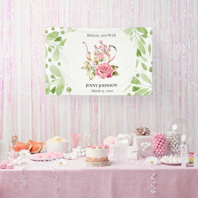 Lona Elegante Rosa Verde Floral Flores Ducha Nupcial (Fiesta)