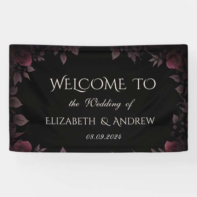Lona Elegante Rosas oscuros de Borgoña Boda negro (Horizontal)
