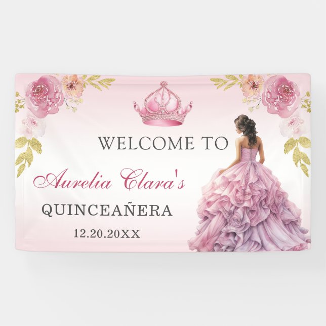 Lona Elegante Rubor Floral Rosa Quinceañera Cumpleaños (Horizontal)