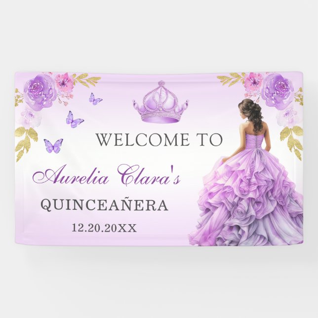 Lona Elegante Rubor Purple Floral Quinceañera Cumpleaño (Horizontal)