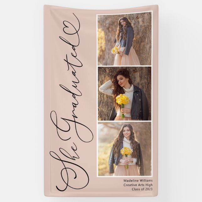 Lona Elegante Script Heart 3 Photo Graduation (Vertical)