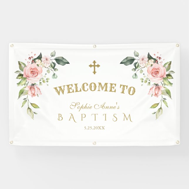 Lona Elegante símbolo de bienvenida de las flores rosad (Horizontal)