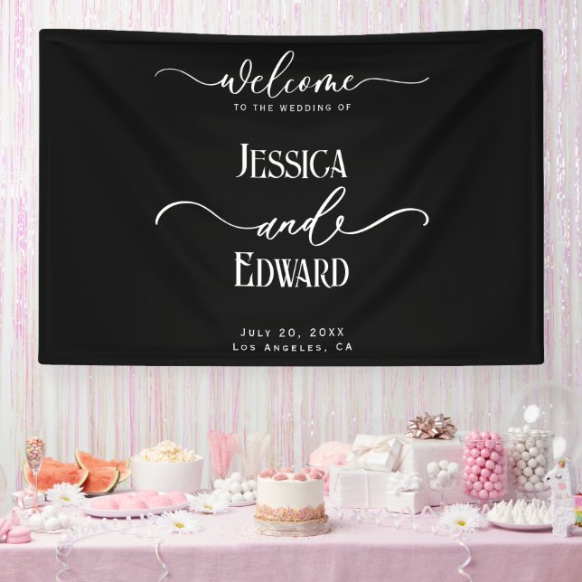 Lona Elegante Simple Blanco Negro Moderno Script Minima (Fiesta)