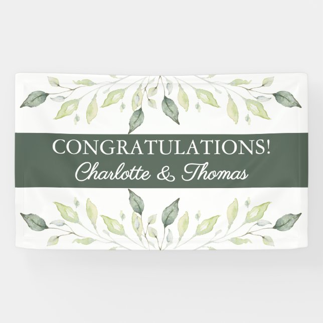 Lona Elegante suave color de agua verde hojas Boda (Horizontal)