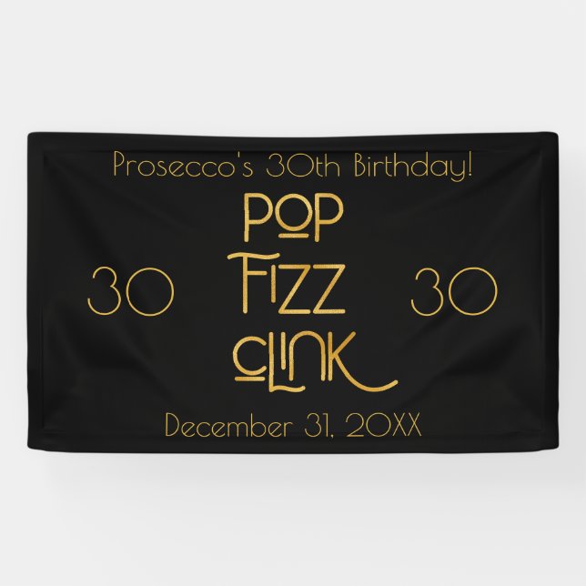 Lona Elegante Tipografía Pop Fizz Clink Cumpleaños (Horizontal)