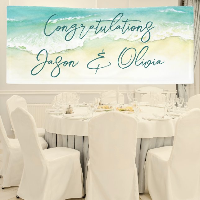 Lona Elegante Tropical Beach Wedding Felicitaciones (Wedding Congratulations Banner Beach Themed)