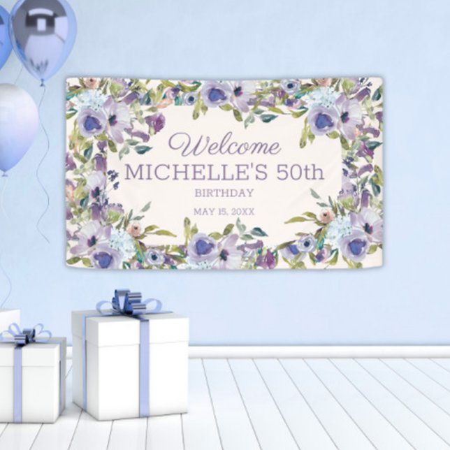 Lona Elegante vegetación floral púrpura Lilac 50 cumple (Dusty blue and purple watercolor floral 50th birthday party banner)