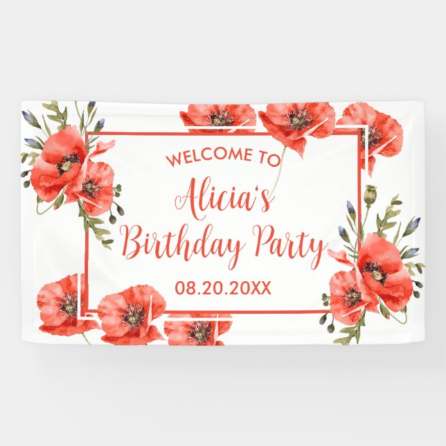 Lona Elegante verde de adormidera roja Cincuenta cumple (Horizontal)