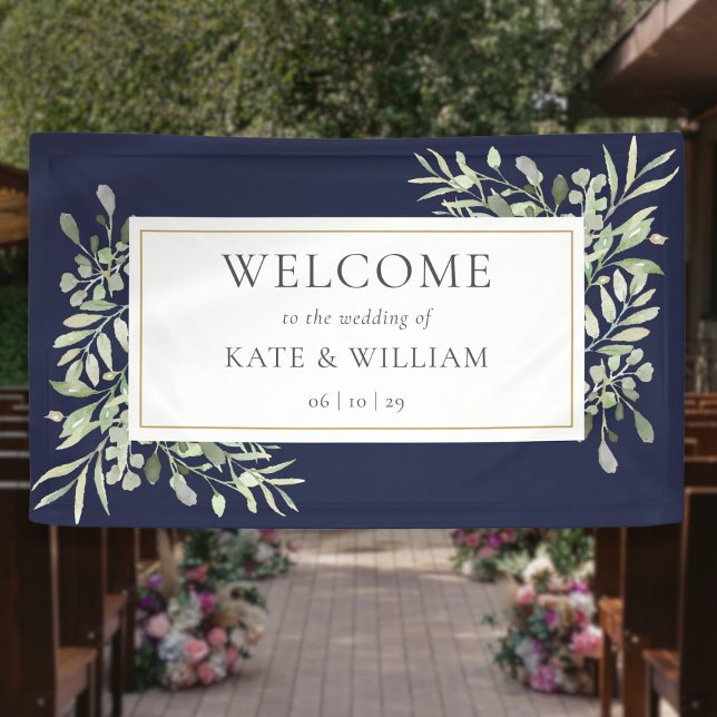 Lona Elegante Verde Naval Bienvenida de Boda (Elegant Greenery Navy Blue Wedding Welcome Banner)
