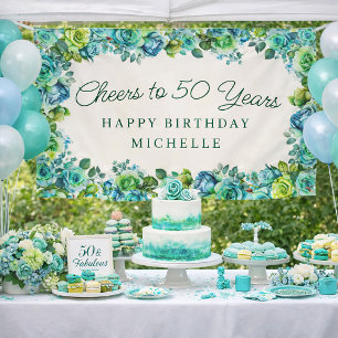 Lona Elegante Verde Turquesa Floral Brindis por los 50 