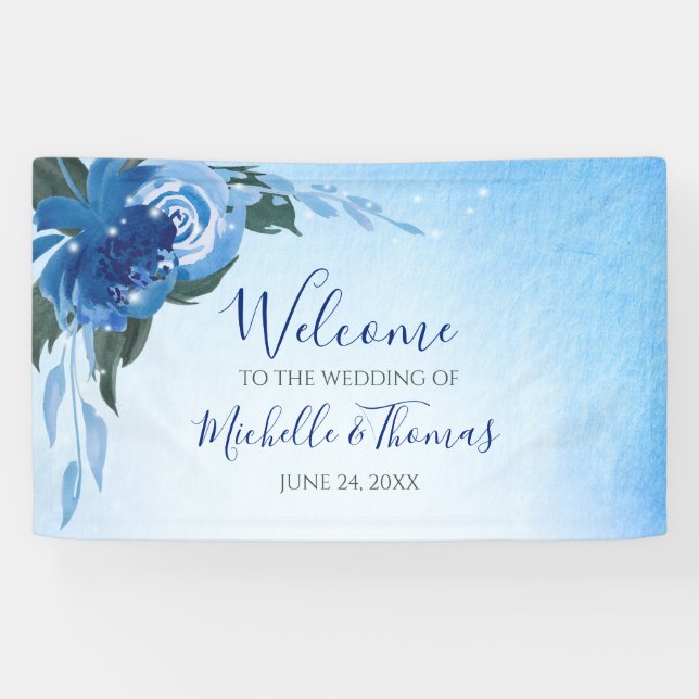 Lona Elegante Verdor Floral de acuarela azul real (Horizontal)