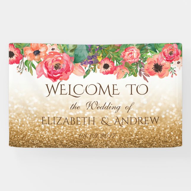 Lona Elegante y brillante Purpurina Banner Boda floral (Horizontal)