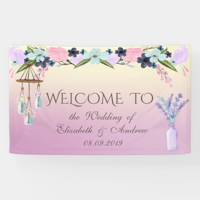 Lona Elegante y Estiloso, Estandarte de Boda Floral (Horizontal)
