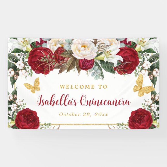 Lona Elegantes flores rojas de oro mariposas Quinceañer (Horizontal)