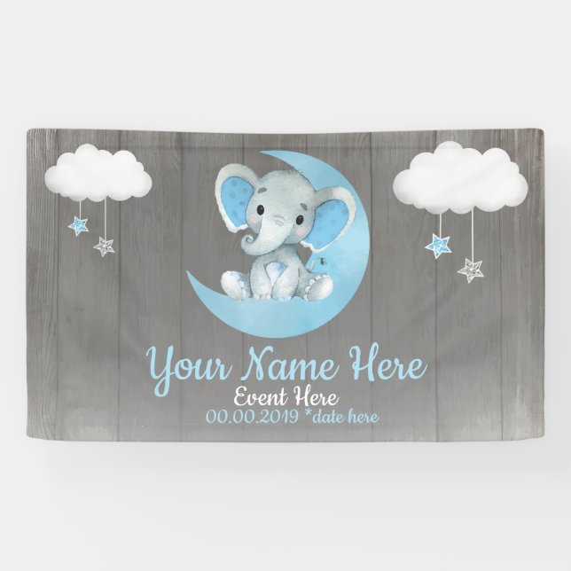Lona Elephant Boy Backdrop Moon Stars Blue Name Stars (Horizontal)
