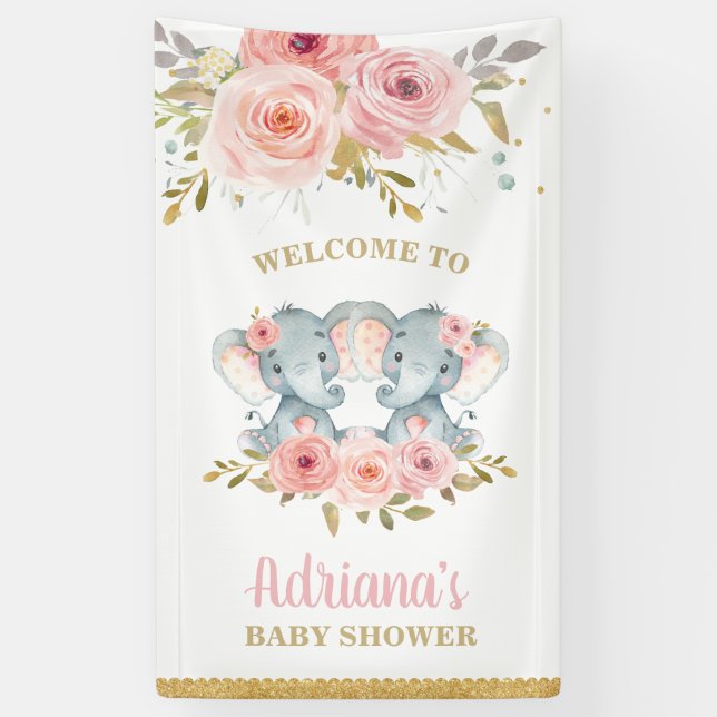 Lona Elephant Twins Chicas Baby Shower Decoración de fo (Vertical)