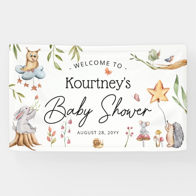 Lona Encantadores animales de bosque Baby Shower neutra (Horizontal)