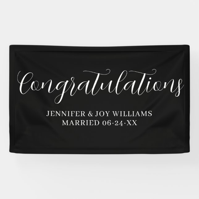 Lona Enhorabuena Banner moderno Boda de escritura negra (Horizontal)