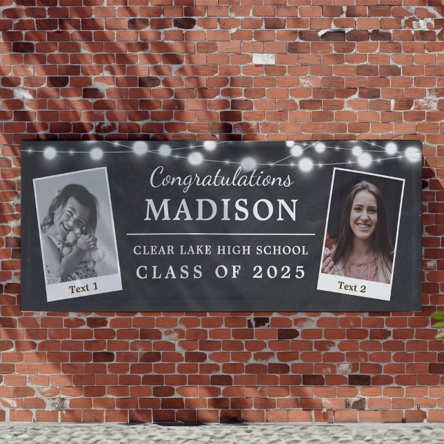 Lona Enhorabuena Chalk String Lights Grad 2 - Foto (Banner with "Congratulations Madison, Clear Lake High School, Class of 2025." Features two photos)