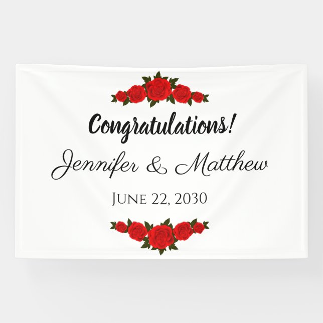 Lona Enhorabuena de boda personalizada Banner Roses roj (Horizontal)
