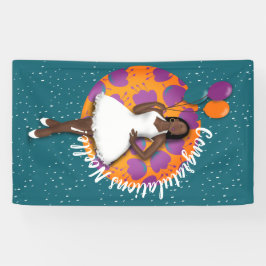 Lona ¡Enhorabuena! Mujer negra, globos y flores