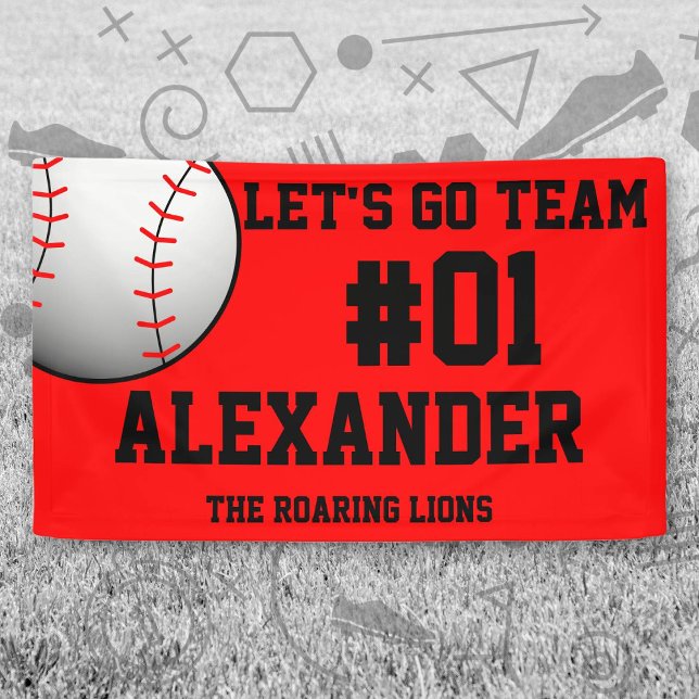 Lona Equipo de béisbol rojo negro (Red and Black Baseball Let's Go Team Banner. Celebrate your high school or college athlete.)